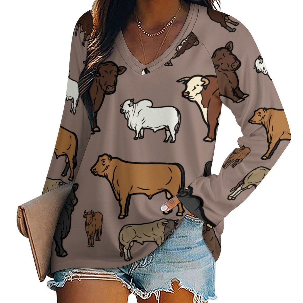 Baha Ranch Western Print Cows Cattle Long Sleeve Top - Baha Ranch Western Wear - Flyclothing LLC