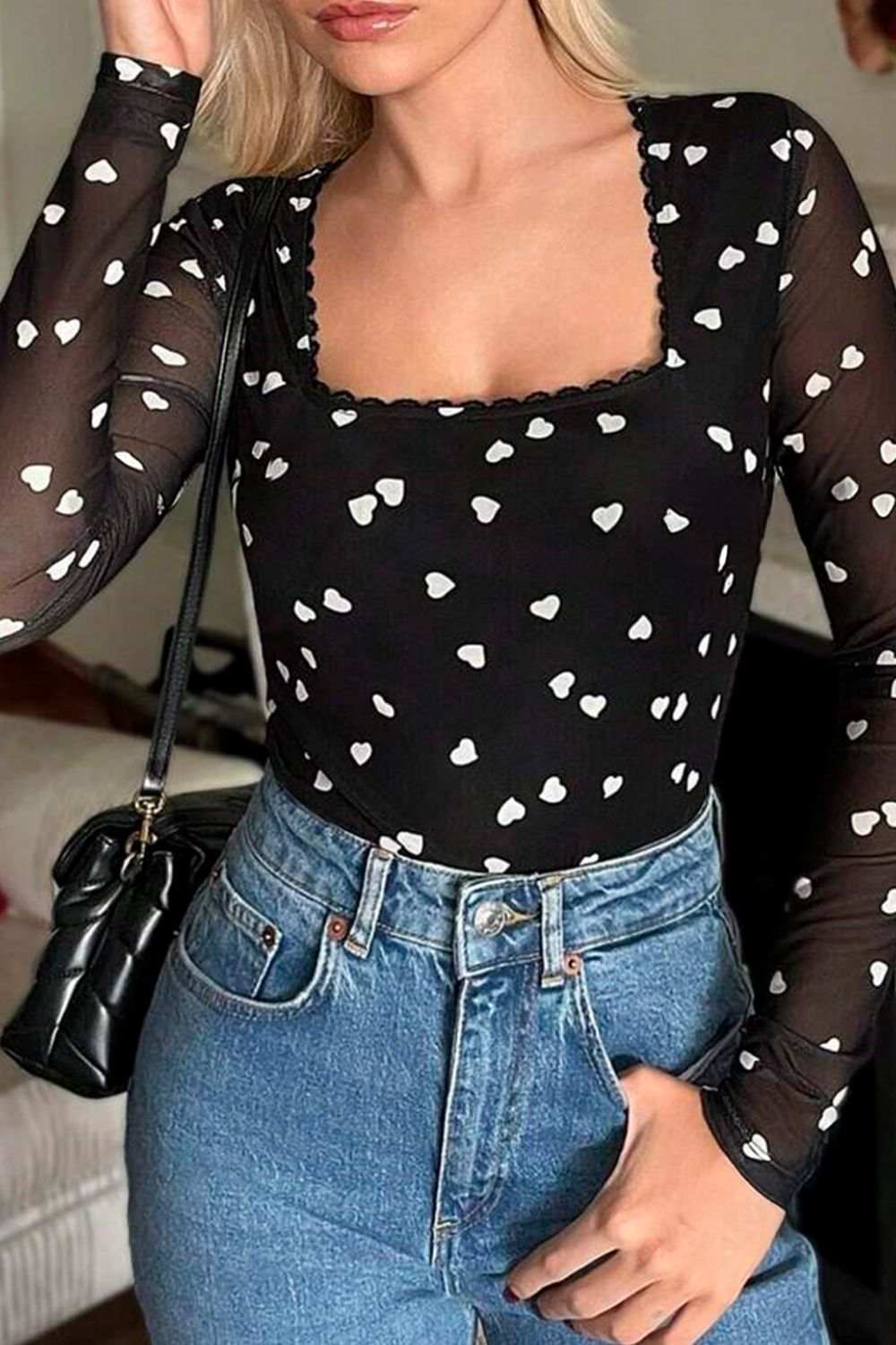 Heart Square Neck Long Sleeve Bodysuit - Trendsi - Flyclothing LLC