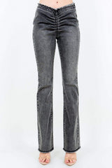 American Bazi V-Cut Ruched Flare Pants - Trendsi - Flyclothing LLC