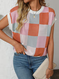 Mandy Checkered Round Neck Cap Sleeve Knit Top - Trendsi