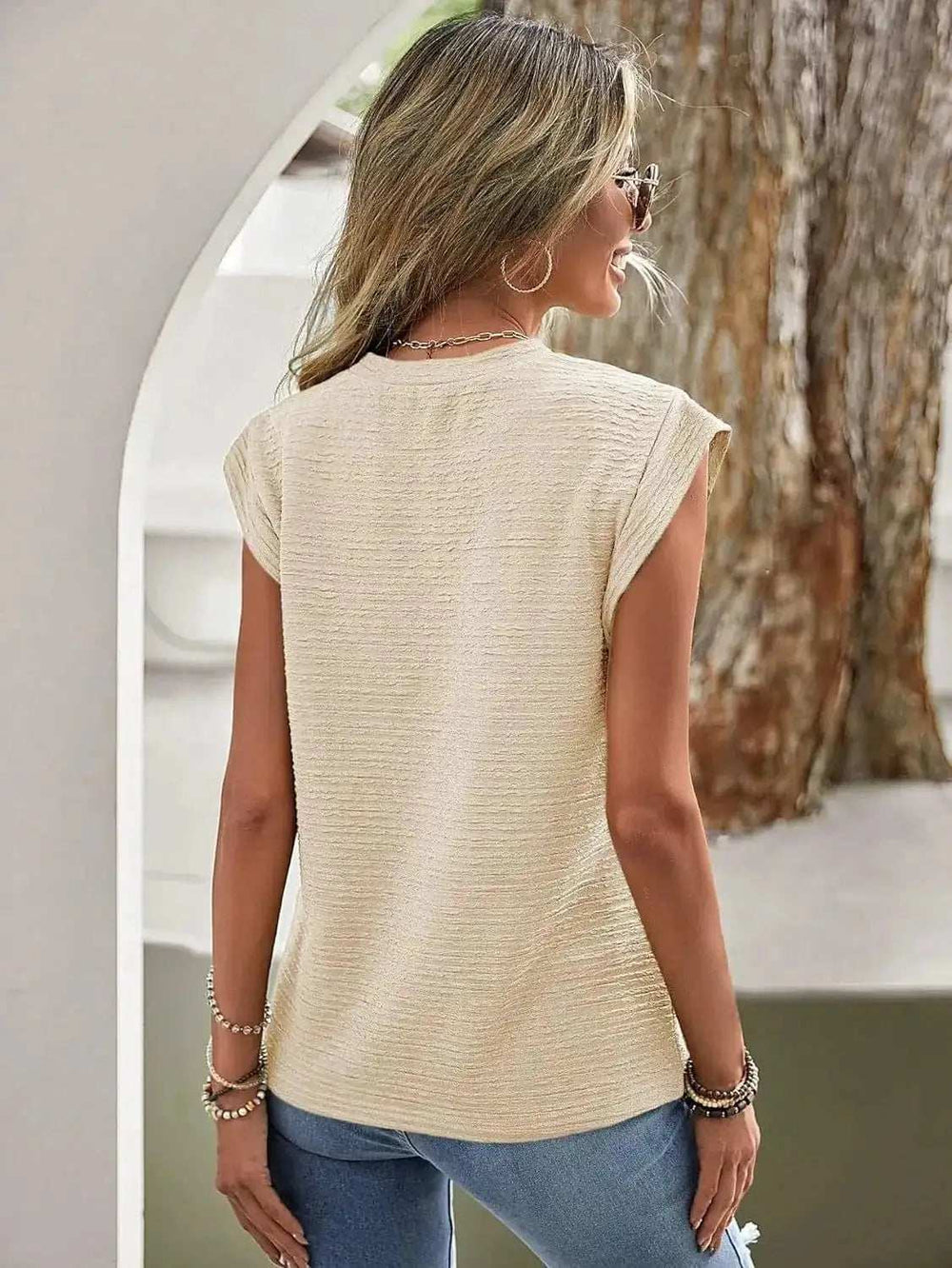 Textured Round Neck Casual Ribbed Top - Trendsi - Flyclothing LLC