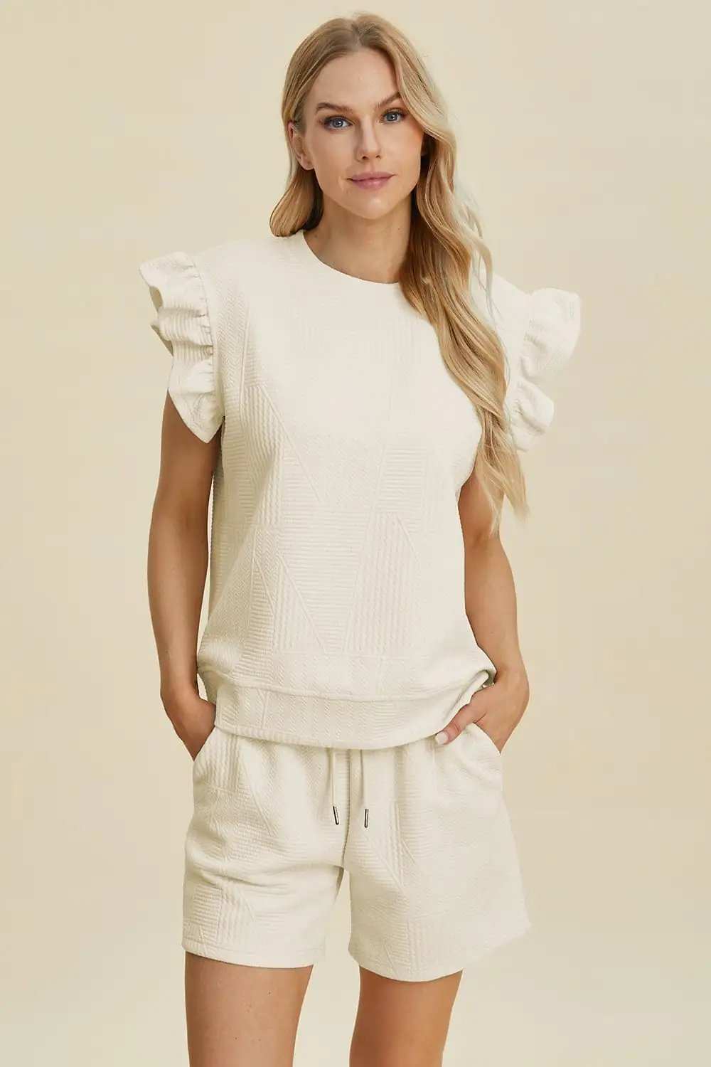 Double Take Full Size Texture Round Neck Ruffle Sleeve Top and Shorts Set - Trendsi - Flyclothing LLC