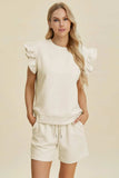 Double Take Full Size Texture Round Neck Ruffle Sleeve Top and Shorts Set - Trendsi - Flyclothing LLC