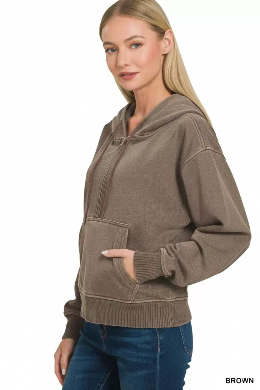 Zenana Fleece Pigment Dye Half Zip Kangaroo Pocket Hoodie - Trendsi - Flyclothing LLC