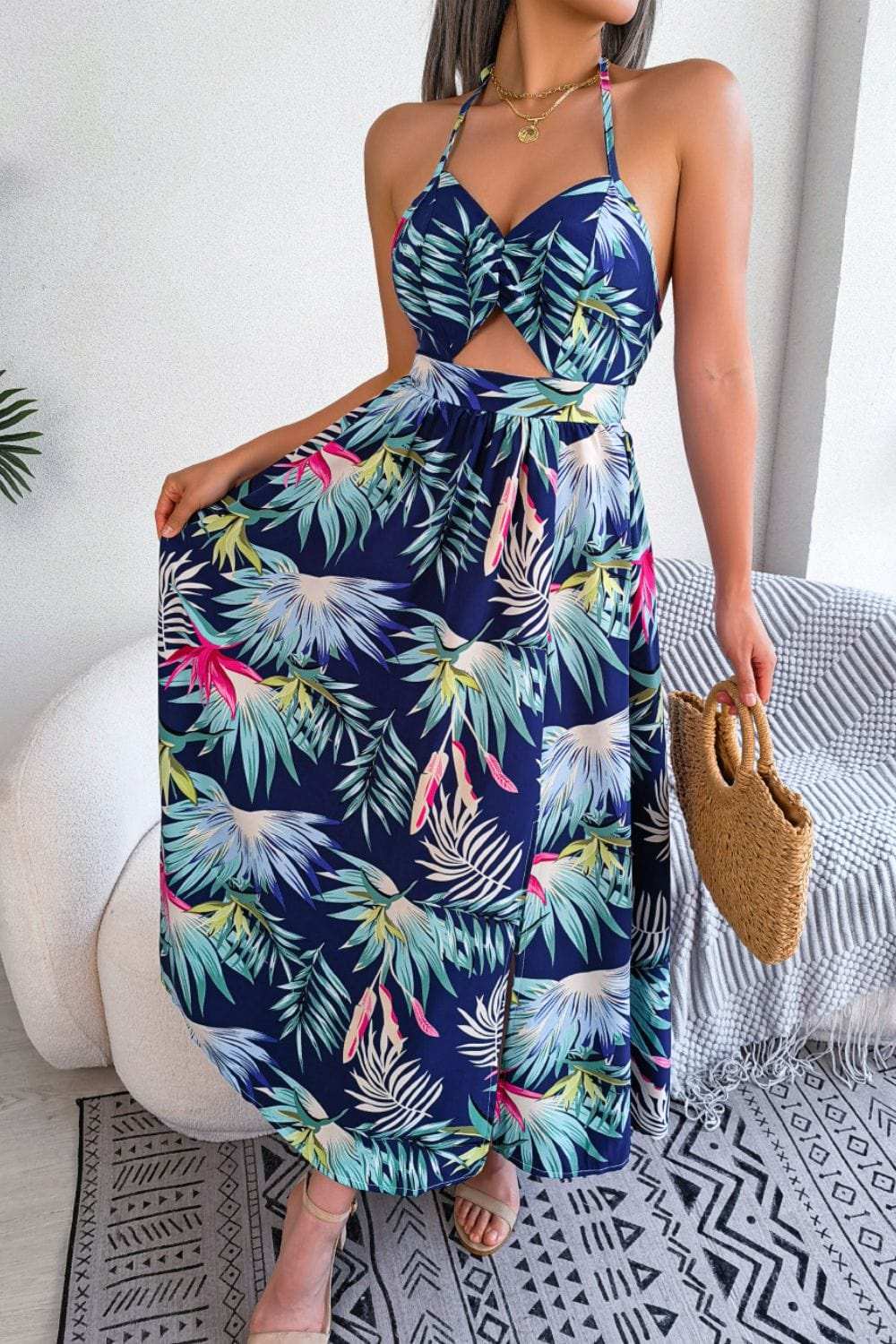 Botanical Print Tied Backless Cutout Slit Dress - Trendsi - Flyclothing LLC
