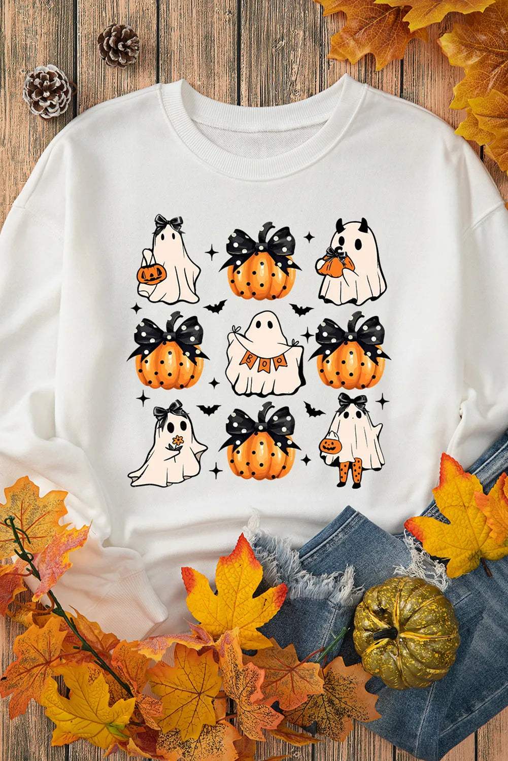 Pumpkin & Ghost Round Neck Long Sleeve Sweatshirt - Trendsi - Flyclothing LLC