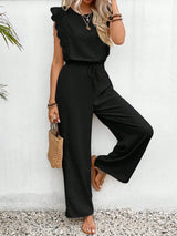 Lace Trim Round Neck Top and Pants Set - Trendsi - Flyclothing LLC