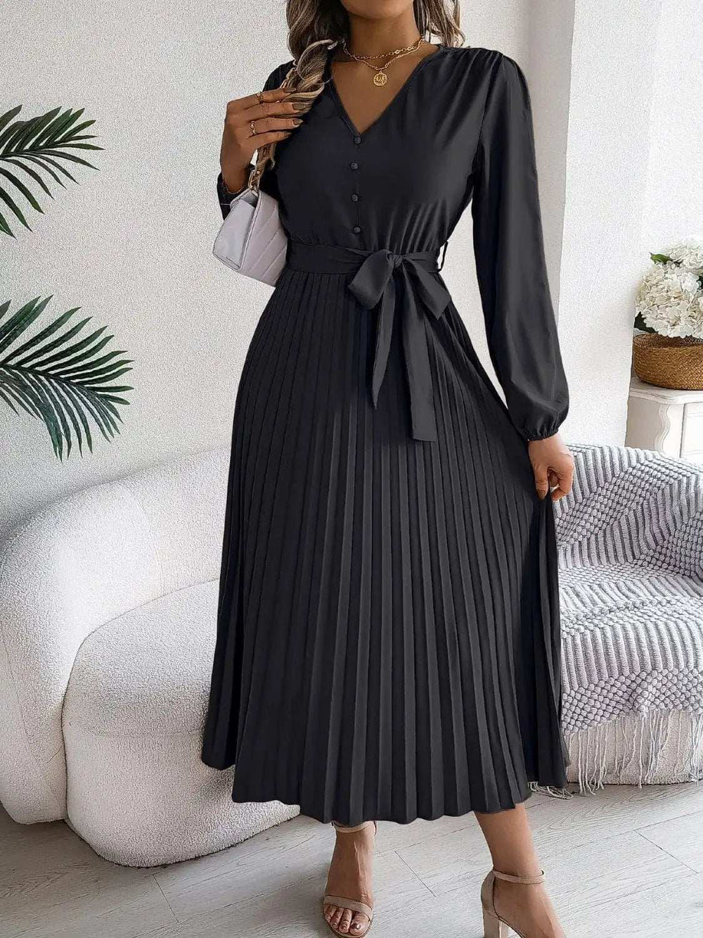 Pleated Tied V-Neck Long Sleeve Dress - Trendsi - Flyclothing LLC