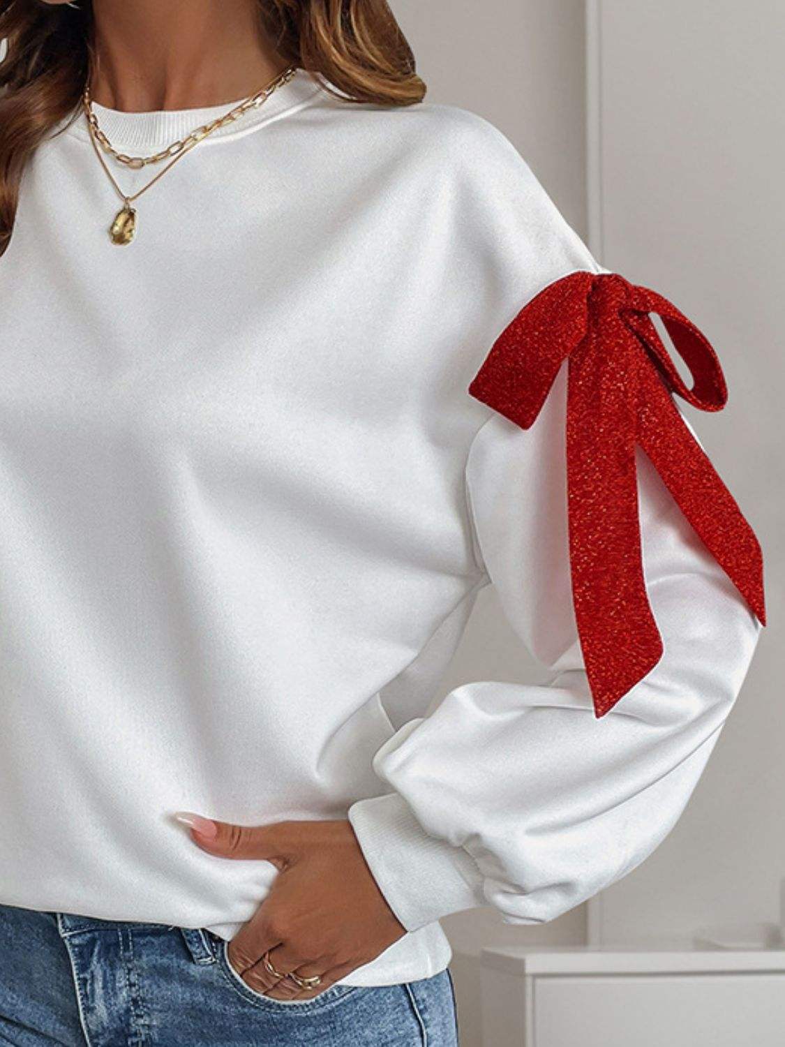 Perfee Bow Round Neck Long Sleeve Sweatshirt - Trendsi - Flyclothing LLC