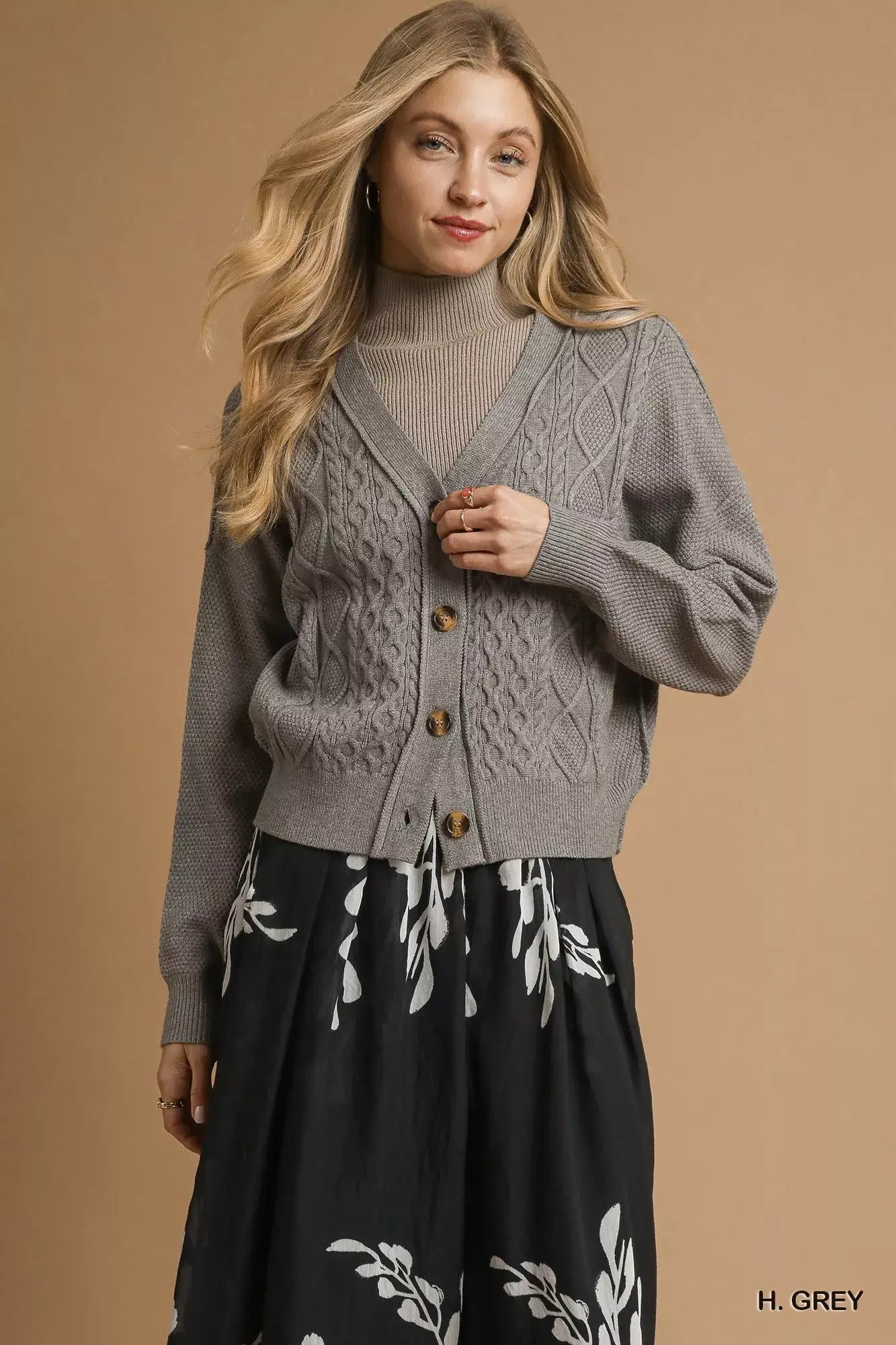 Umgee Chunky Cable Knit V-Neck Button-Up Cardigan - Trendsi - Flyclothing LLC