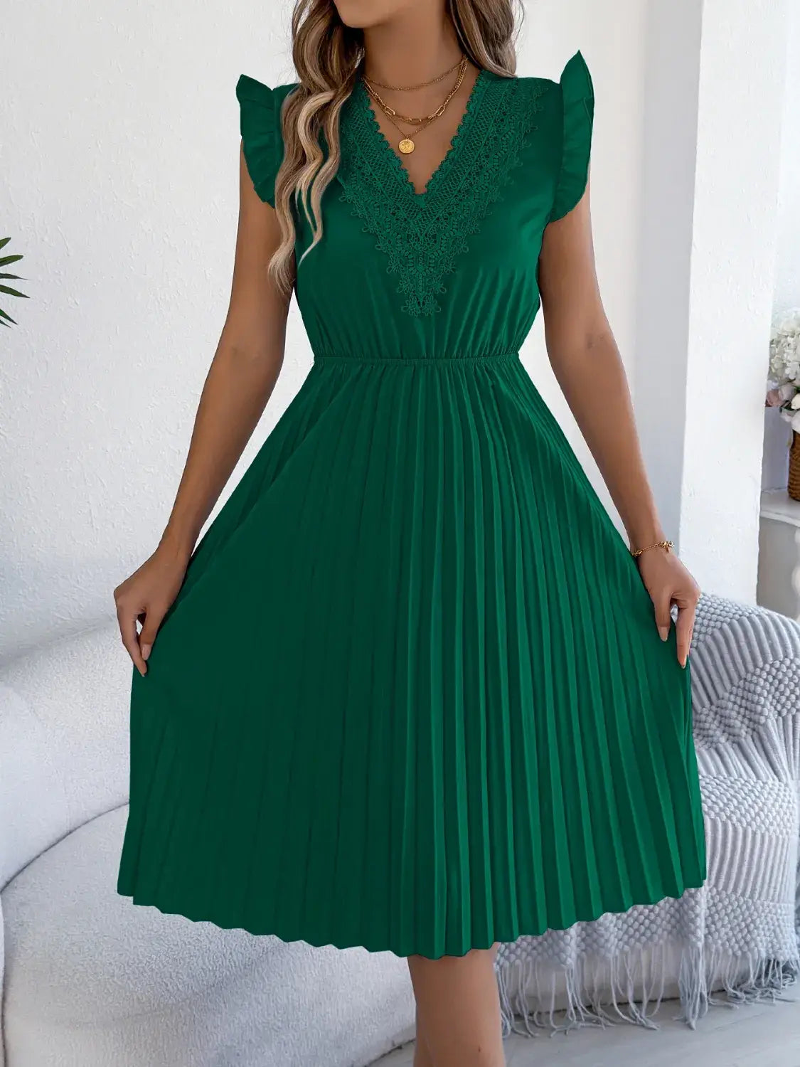 Lace Detail Ruffled Cap Sleeve Pleated Dress - Trendsi - Flyclothing LLC