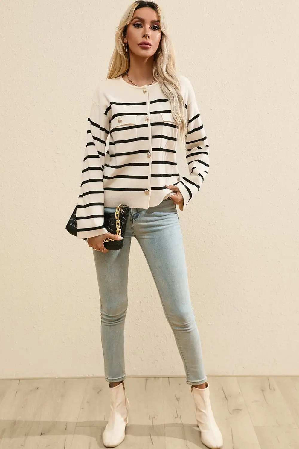 Striped Button Up Round Neck Cardigan - Trendsi - Flyclothing LLC
