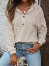 Waffle Knit Button Detail Hoodie - Trendsi - Flyclothing LLC