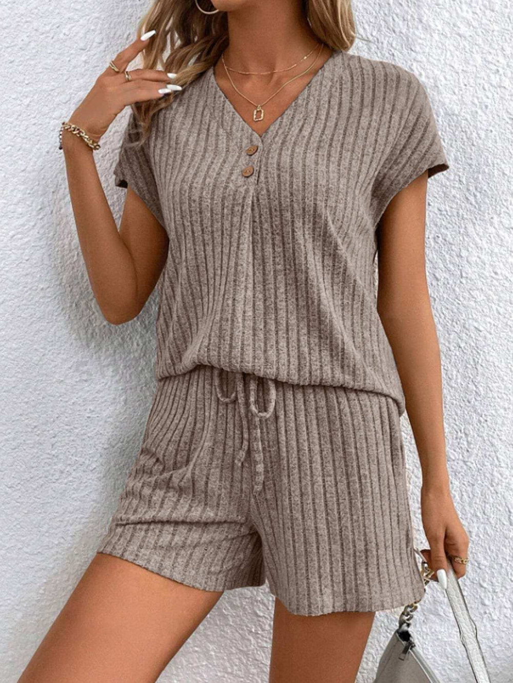 Ribbed V-Neck Top and Shorts Set - Trendsi - Flyclothing LLC