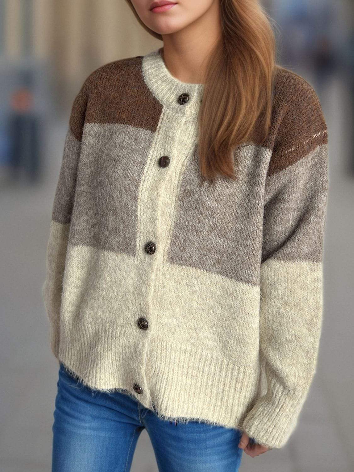 Color Block Round Neck Button Up Cardigan - Trendsi - Flyclothing LLC