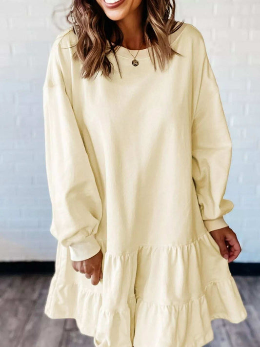 Double Tiered Ruffle Hem Long Sleeve Loose Mini Dress - Trendsi - Flyclothing LLC
