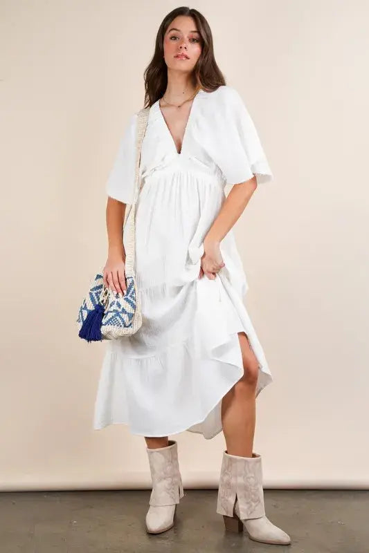 VERY J Mineral Washed Elastic Neck Detail Midi Dress - Trendsi - Flyclothing LLC
