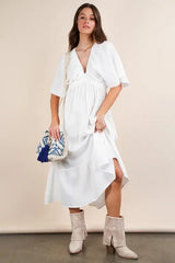 VERY J Mineral Washed Elastic Neck Detail Midi Dress - Trendsi - Flyclothing LLC