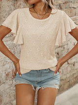 Eyelet Round Neck Flutter Sleeve Top - Trendsi - Flyclothing LLC