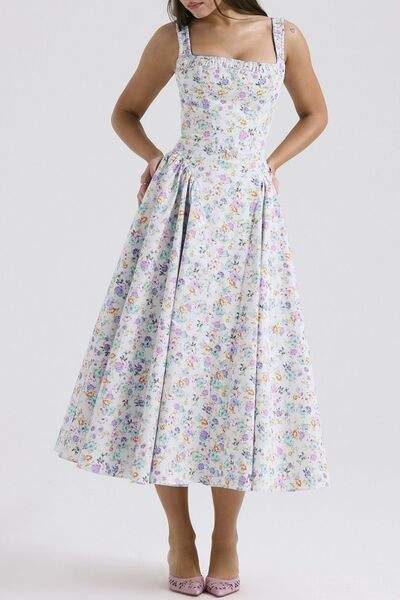 Floral Square Neck Wide Strap Midi Dress - Trendsi - Flyclothing LLC