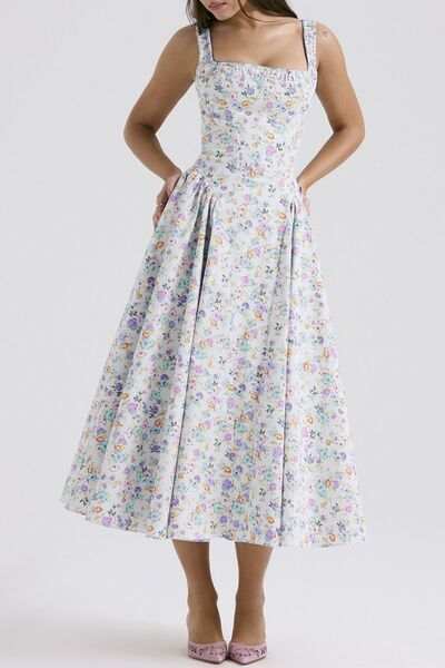 Floral Square Neck Wide Strap Midi Dress - Trendsi - Flyclothing LLC