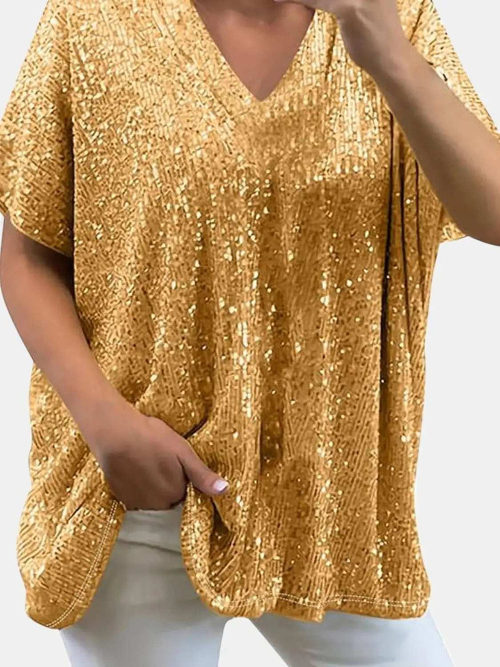 Full Size Sequin V-Neck Short Sleeve Top - Trendsi - Flyclothing LLC