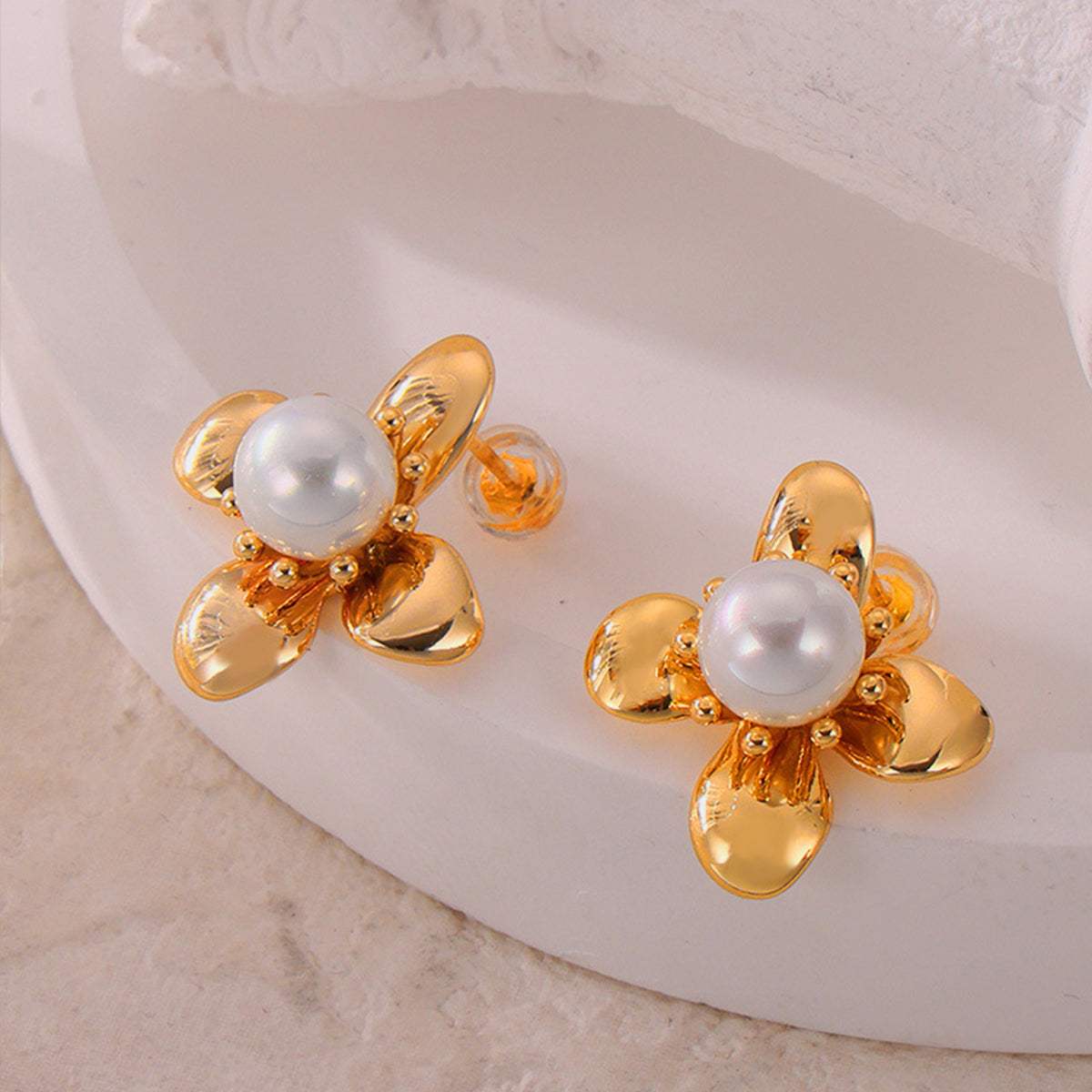 Synthetic Pearl Titanium Steel Flower Earrings - Trendsi - Flyclothing LLC