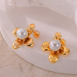 Synthetic Pearl Titanium Steel Flower Earrings - Trendsi - Flyclothing LLC