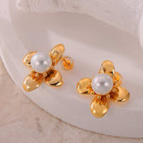 Synthetic Pearl Titanium Steel Flower Earrings - Trendsi - Flyclothing LLC