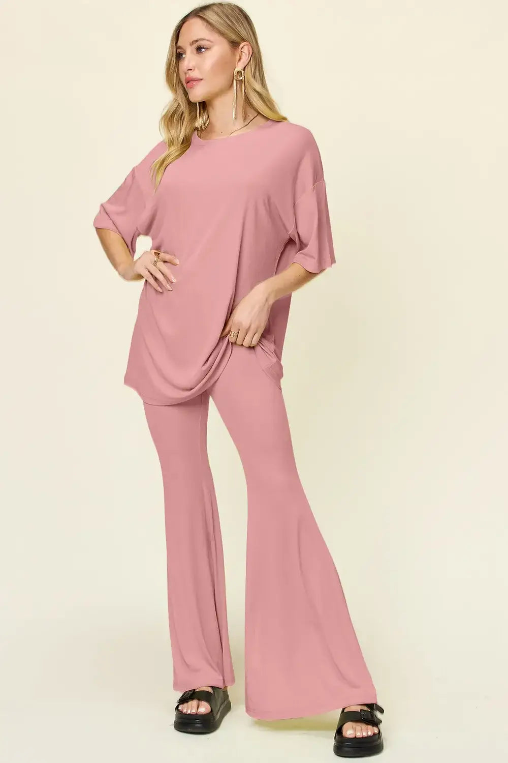 Double Take Full Size Round Neck Drop Shoulder T-Shirt and Flare Pants Set - Trendsi - Flyclothing LLC