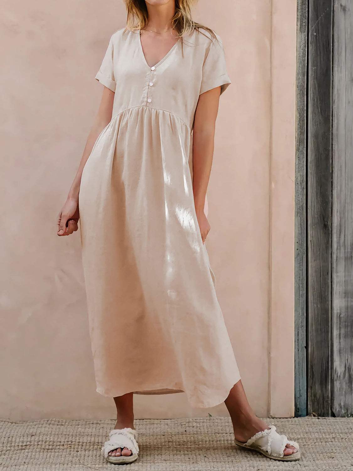 V-Neck Short Sleeve Midi Dress - Trendsi - Flyclothing LLC