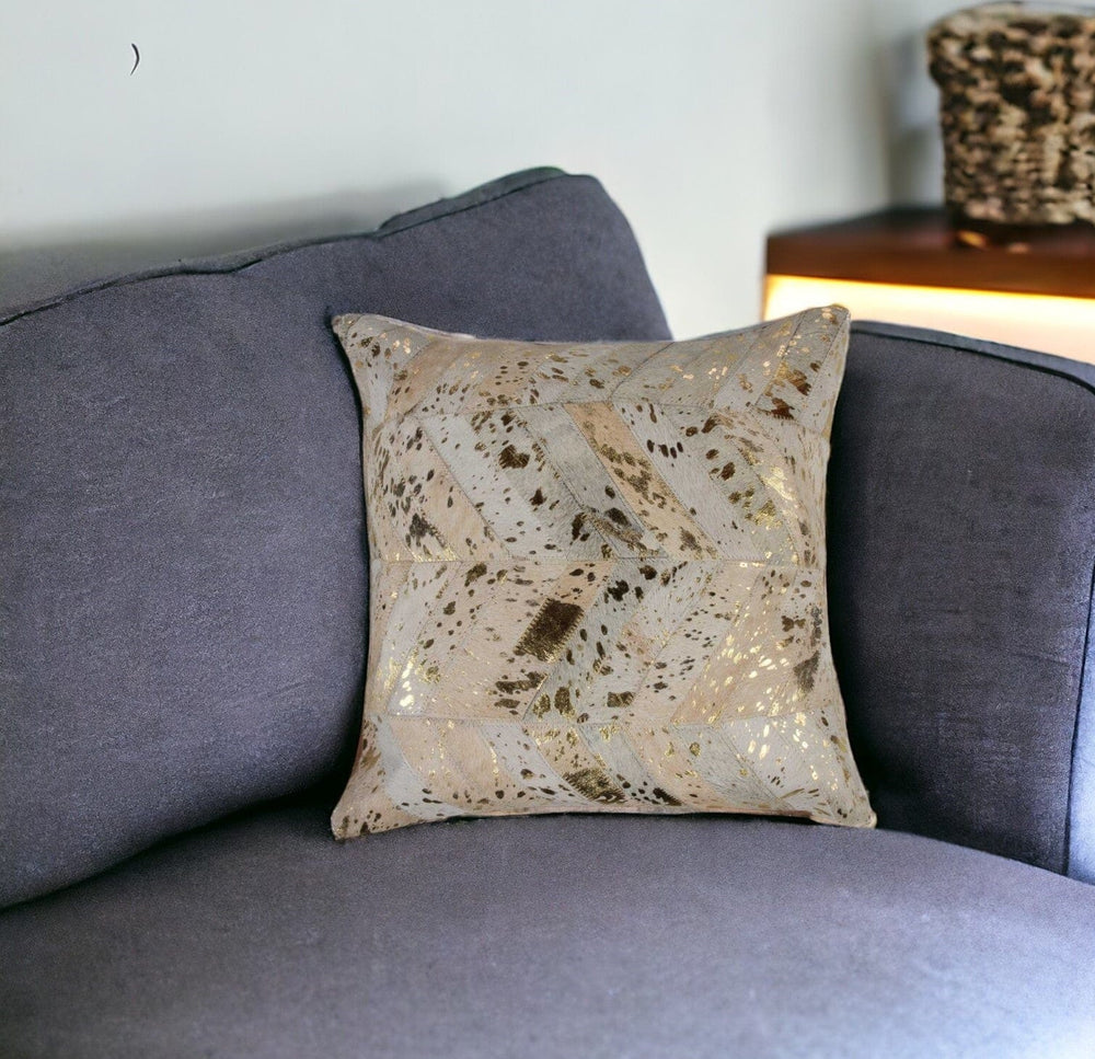 18" Natural & Gold Cowhide Throw Pillow - Homeroots