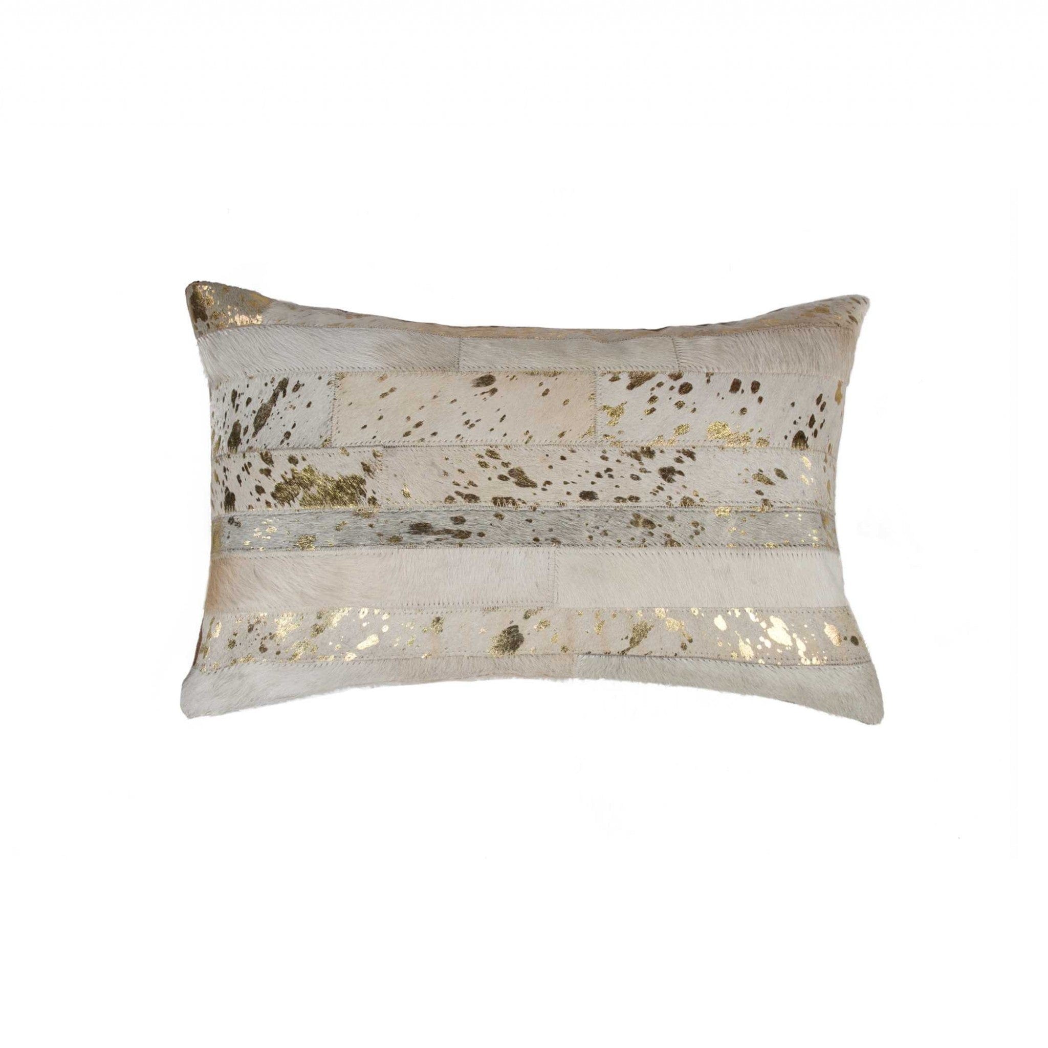 12" X 20" Natural & Gold Cowhide Throw Pillow - Homeroots - Flyclothing LLC