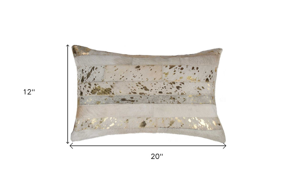 12" X 20" Natural & Gold Cowhide Throw Pillow - Homeroots - Flyclothing LLC