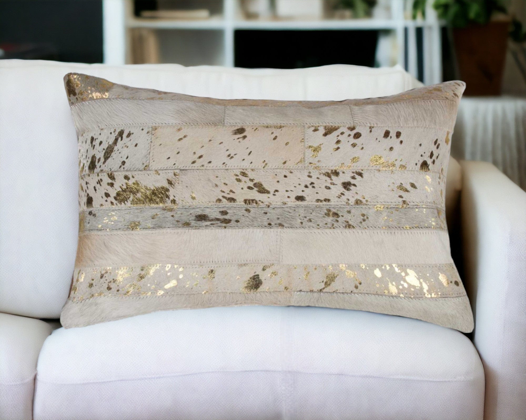 12" X 20" Natural & Gold Cowhide Throw Pillow - Homeroots - Flyclothing LLC