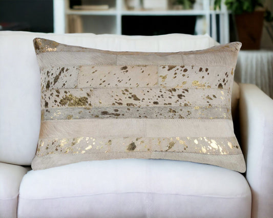 12" X 20" Natural & Gold Cowhide Throw Pillow - Homeroots