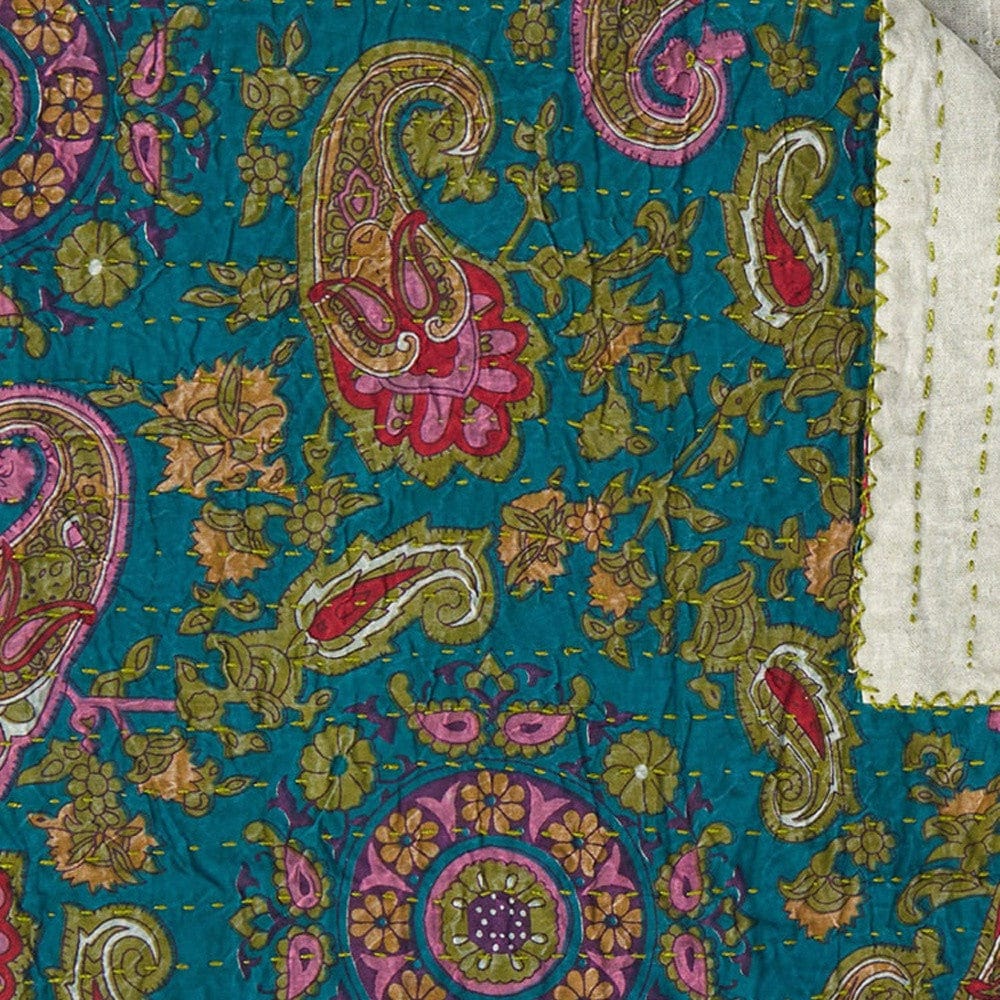 50" X 70" Green and Pink Kantha Cotton Paisley Throw Blanket with Embroidery - Homeroots - Flyclothing LLC