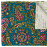 50" X 70" Green and Pink Kantha Cotton Paisley Throw Blanket with Embroidery - Homeroots