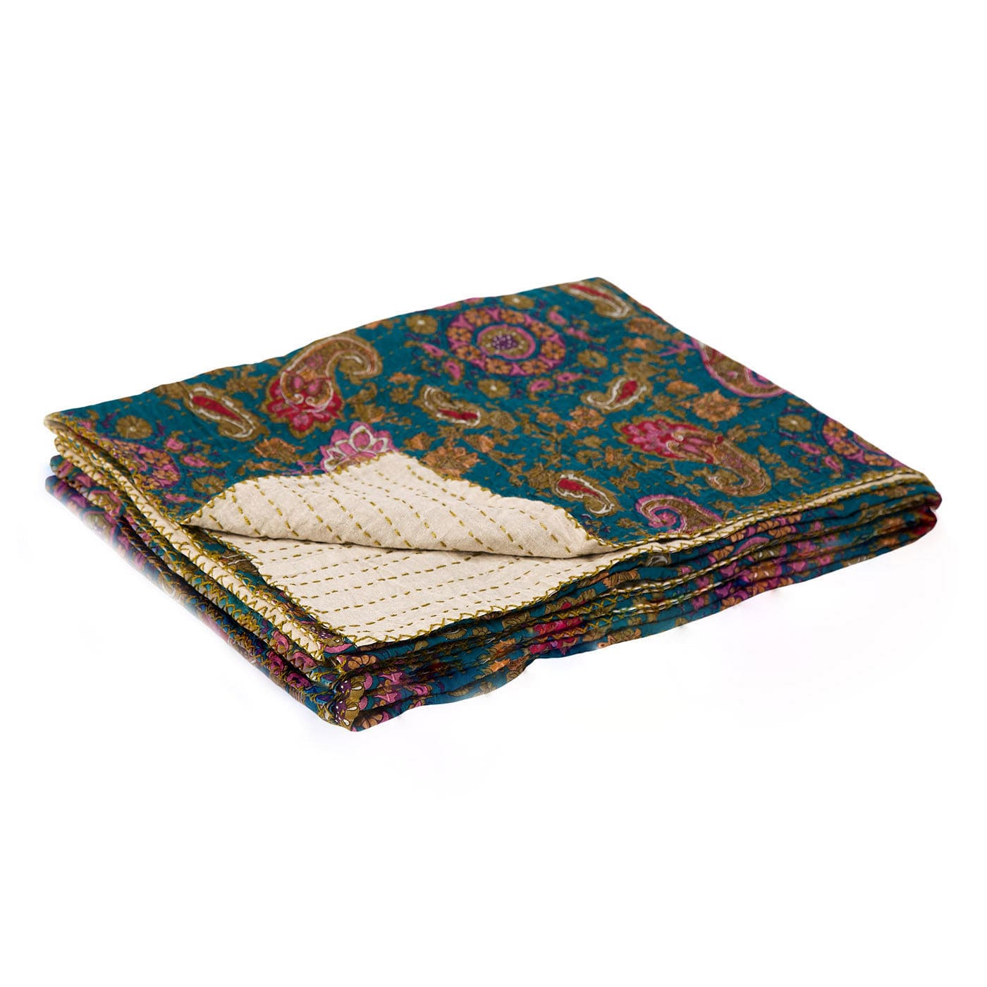 50" X 70" Green and Pink Kantha Cotton Paisley Throw Blanket with Embroidery - Homeroots - Flyclothing LLC