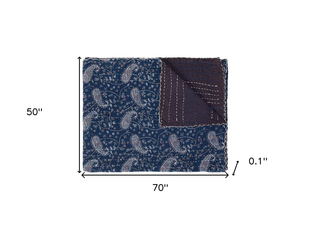 50" X 70" Blue and Gray Kantha Cotton Paisley Throw Blanket with Embroidery - Homeroots - Flyclothing LLC