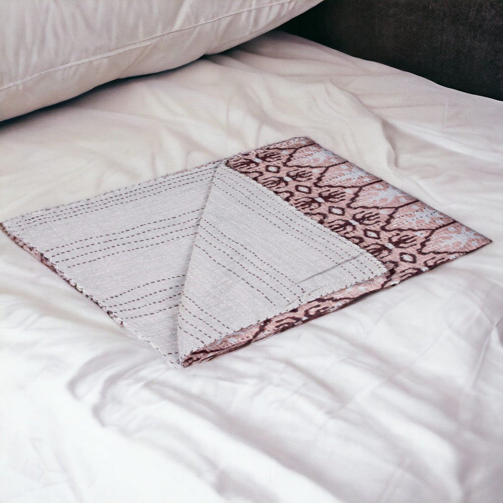 50" X 70" Pink and Brown Kantha Cotton Abstract Throw Blanket with Embroidery - Homeroots - Flyclothing LLC