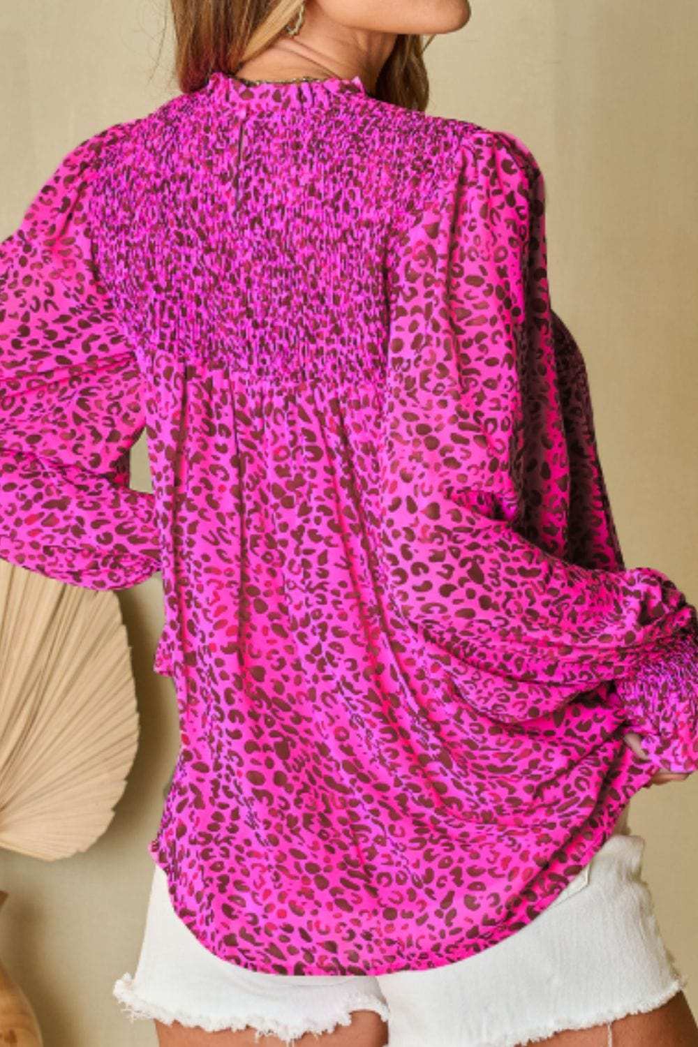 Ruched Leopard Mock Neck Long Sleeve Blouse - Trendsi - Flyclothing LLC