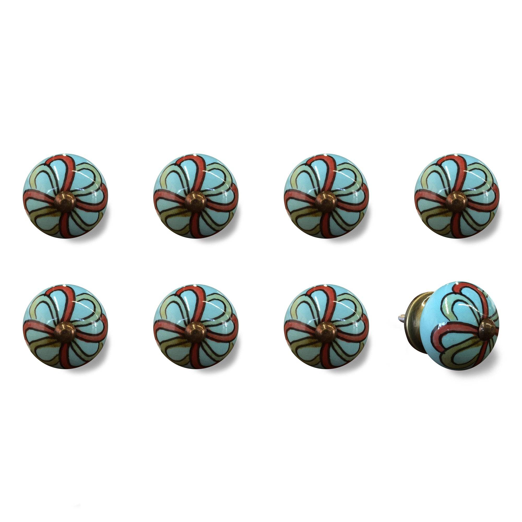 Bohemian Floral Turquoise Handprinted Set Of 8 Ceramic Knobs - Homeroots - Flyclothing LLC