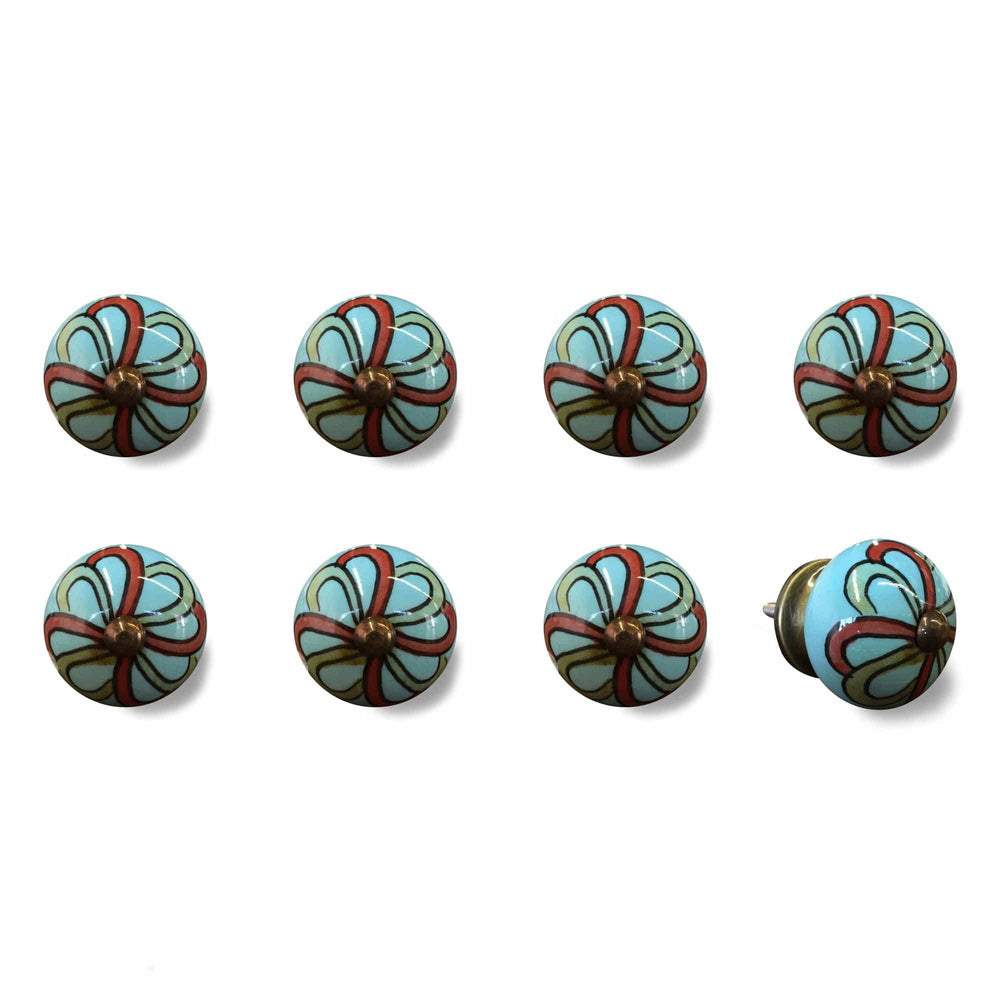 Bohemian Floral Turquoise Handprinted Set Of 8 Ceramic Knobs - Homeroots - Flyclothing LLC