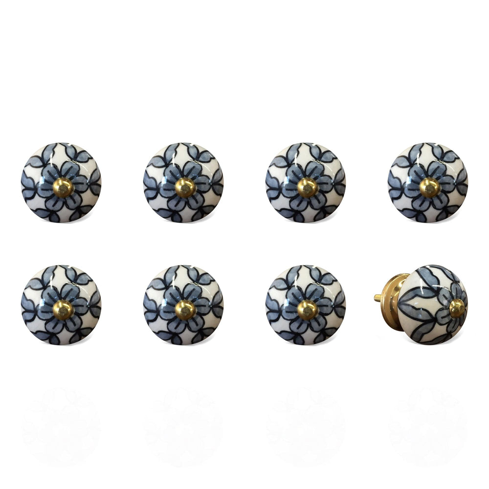 1.5" X 1.5" X 1.5" White Blue Black Handpainted Ceramic  Knobs 8 Pack - Homeroots