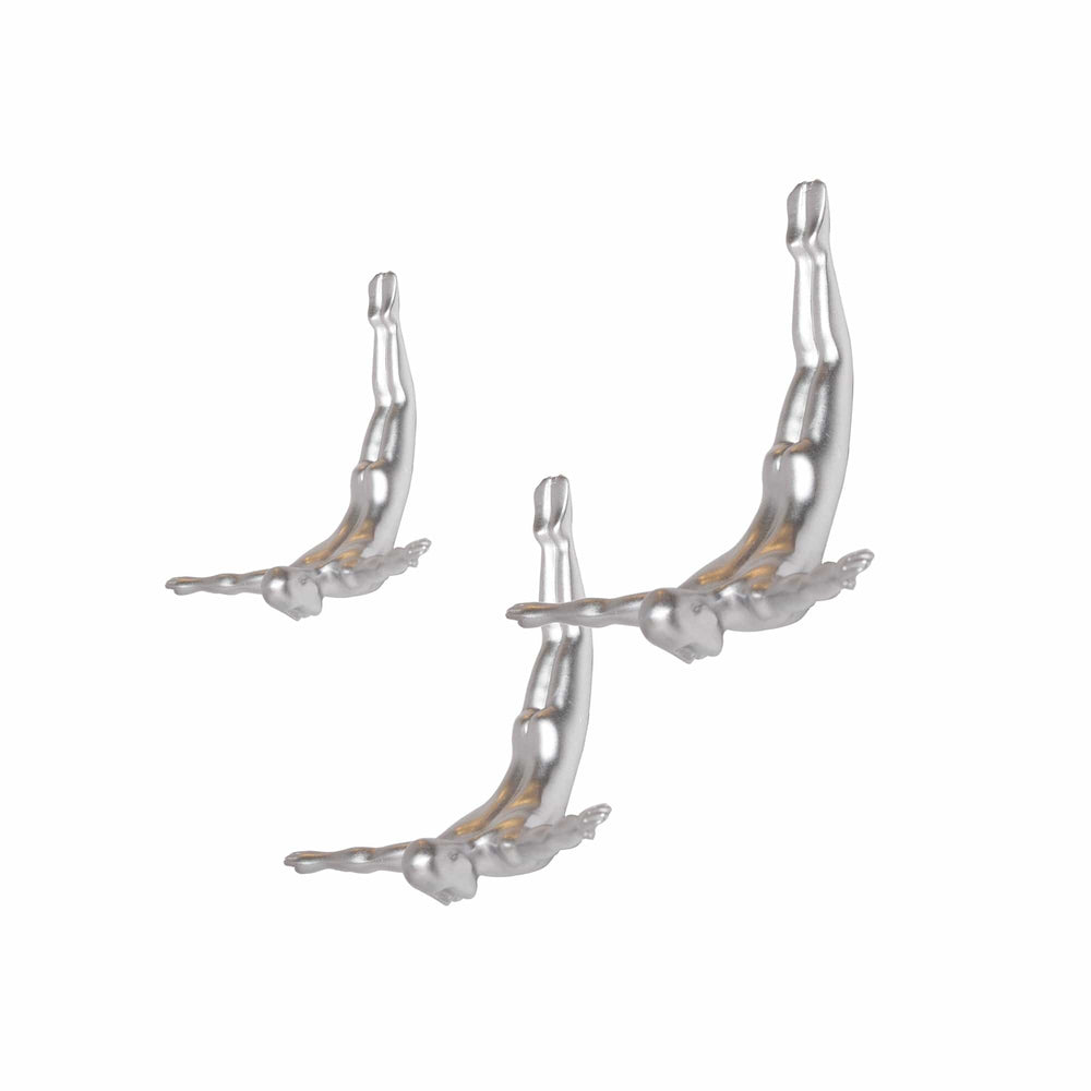 Set of Three 7" Silver Divers Resin Wall Decor - Homeroots