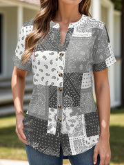 Printed Notched Short Sleeve Blouse - Trendsi