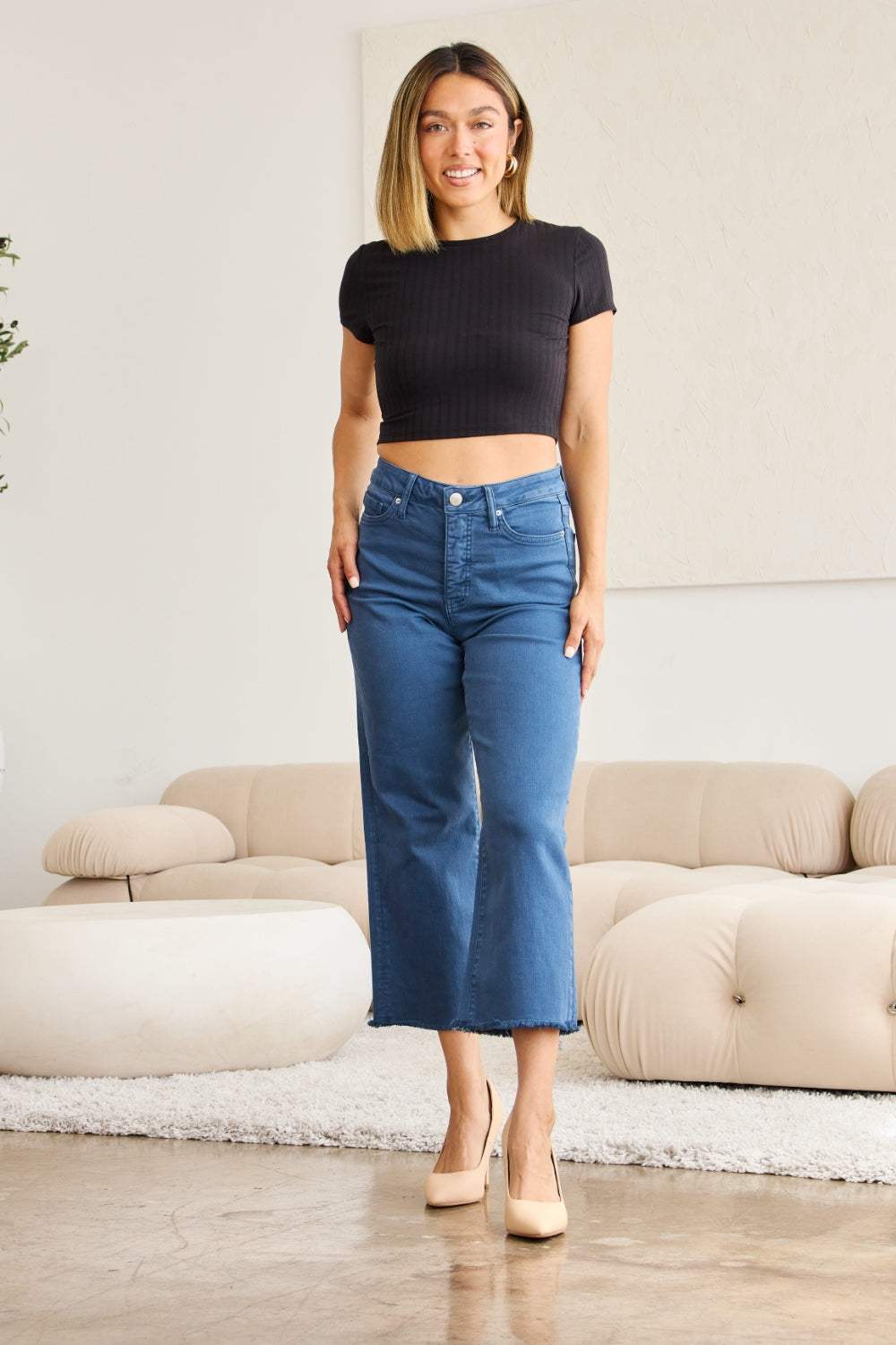 RFM Crop Chloe Full Size Tummy Control High Waist Raw Hem Jeans - Trendsi - Flyclothing LLC