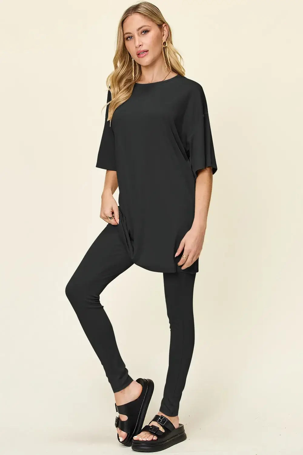 Double Take Full Size Round Neck Dropped Shoulder T-Shirt and Leggings Set - Trendsi - Flyclothing LLC