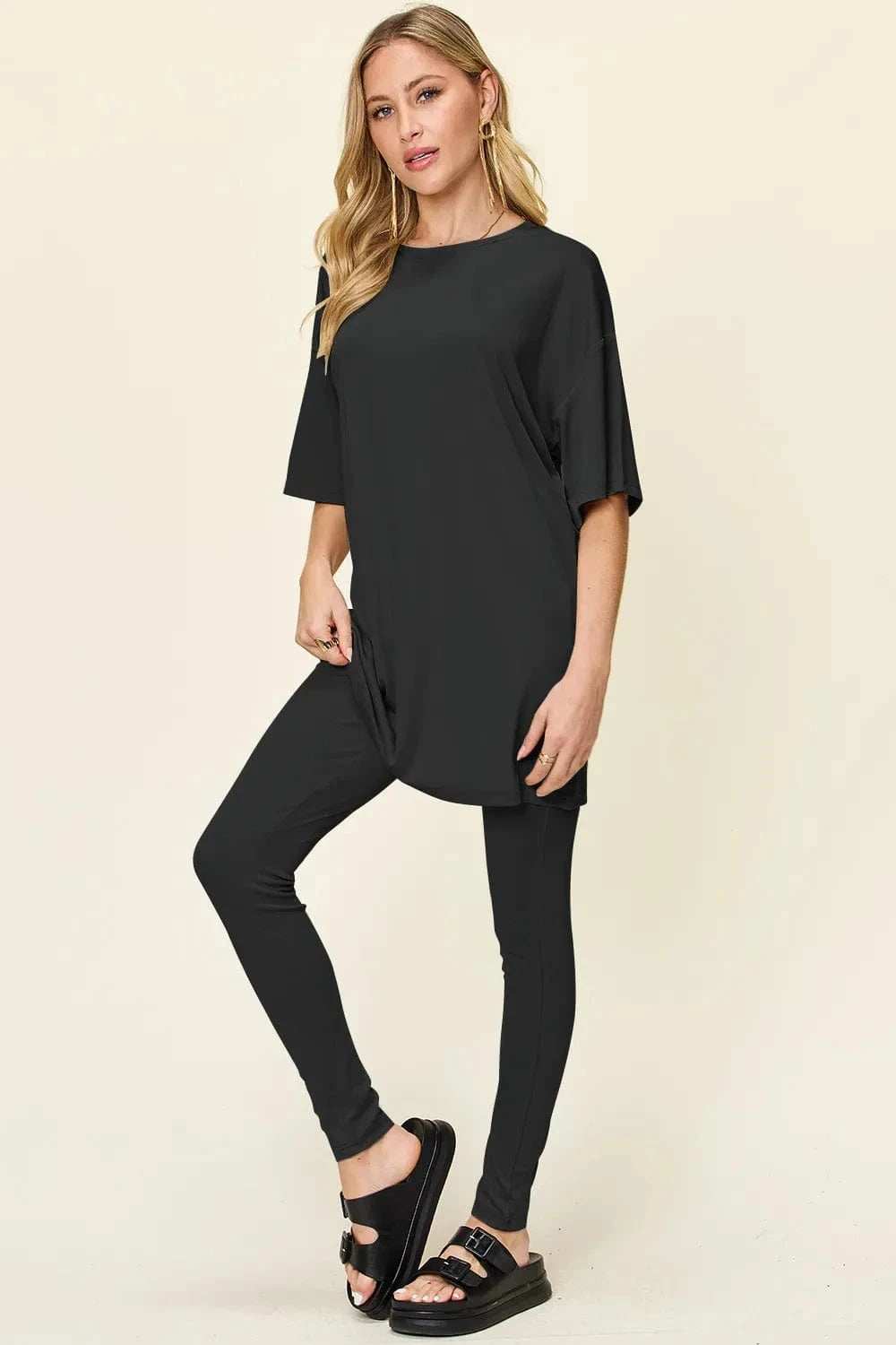 Double Take Full Size Round Neck Dropped Shoulder T-Shirt and Leggings Set - Trendsi - Flyclothing LLC